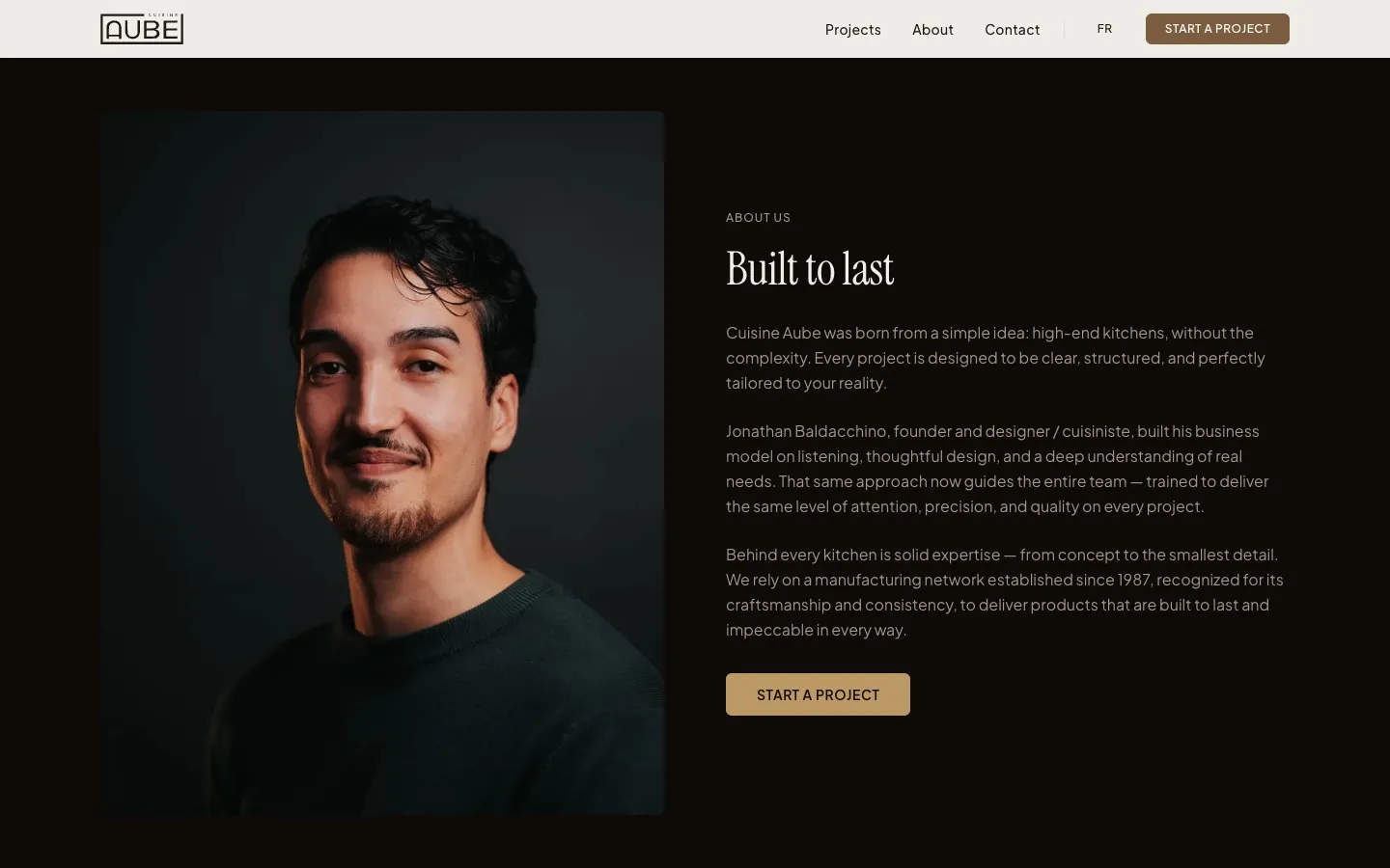 The about section of the Cuisine Aube site: a portrait of Jonathan Baldacchino beside the heading Built to last