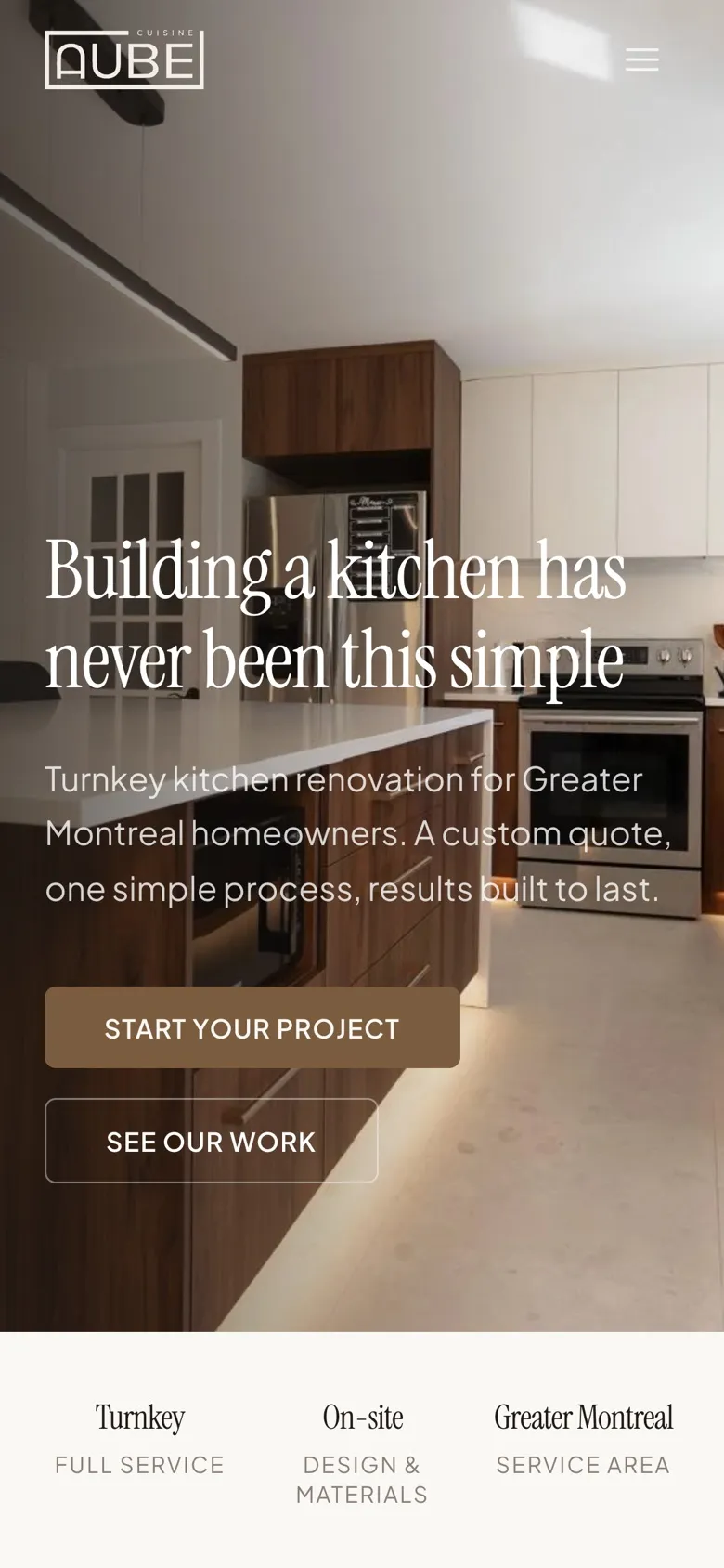 Cuisine Aube homepage on a phone, the headline and buttons stacked over the kitchen photo