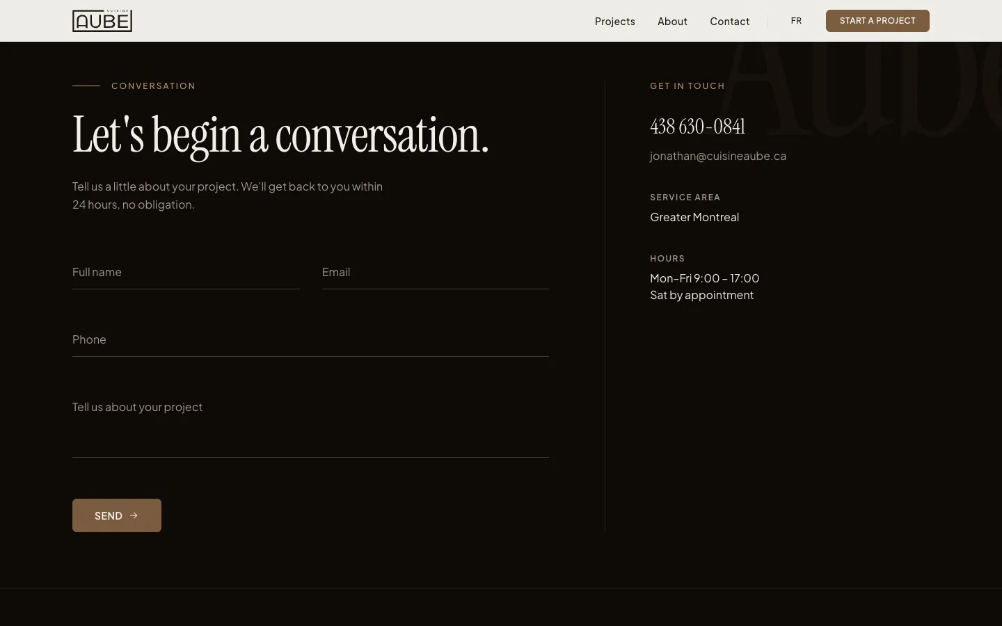 The contact section of the Cuisine Aube site: the heading Let's begin a conversation above a four-field form, with the phone number and service area beside it