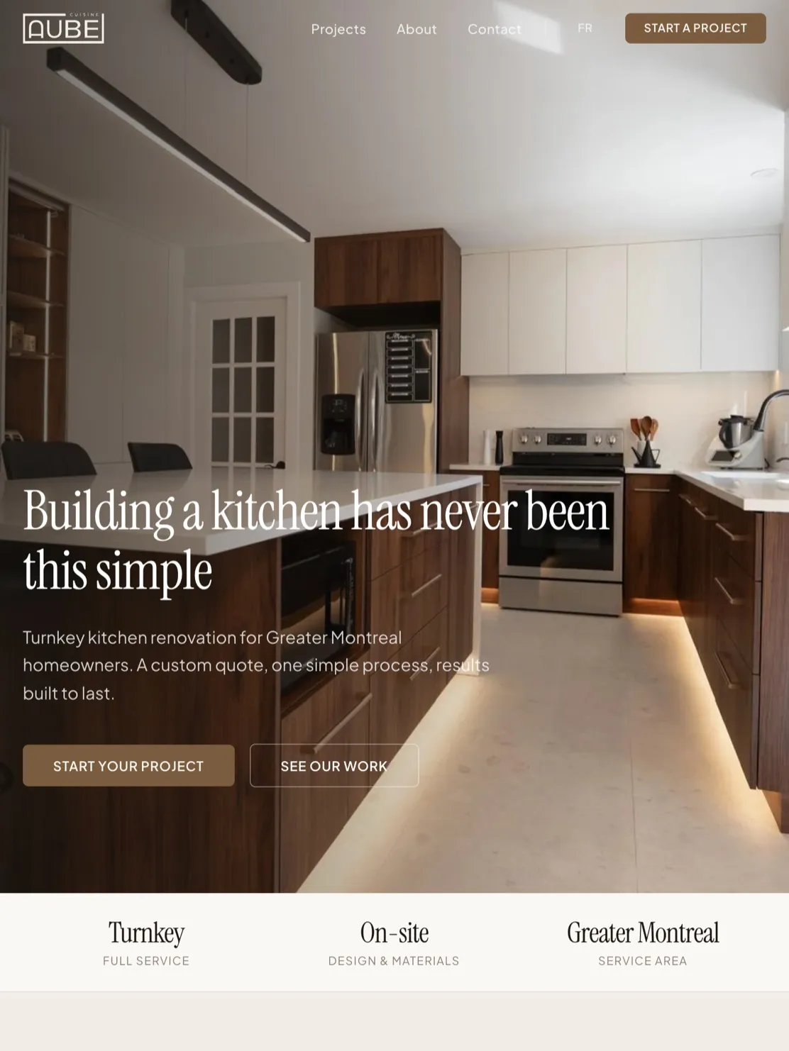 Cuisine Aube homepage on a tablet, with its two buttons, "Start your project" and "See our work"